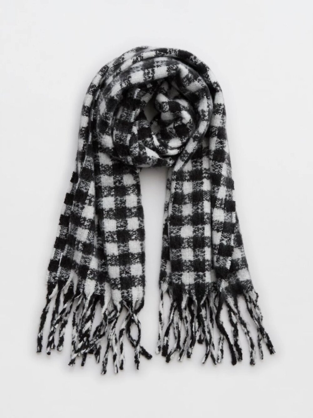 Aerie Black & White Plaid Fringe Scarf | Grey Shadow